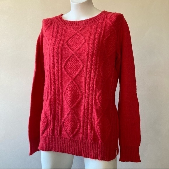 Woolrich | Cable Knit Wool Blend Crew Neck Fall Cherry Red Fisherman Sweater - Picture 1 of 7